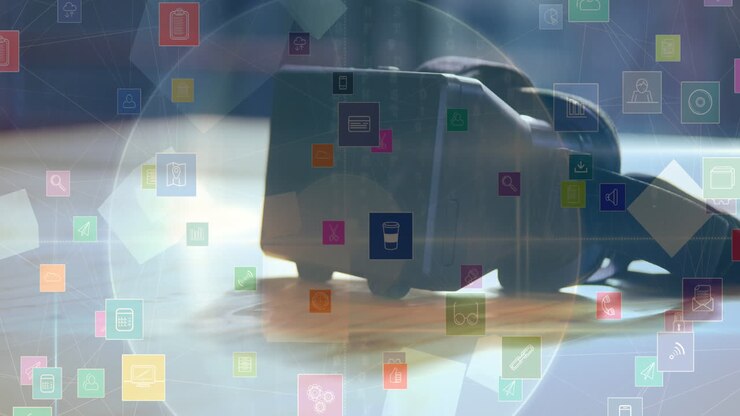 Animation of digital icons over vr headset in background