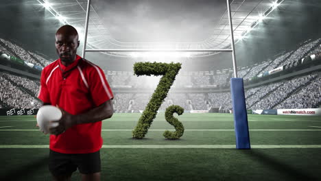 animation of african american rugby player with 7s text in rugby field sports stadium