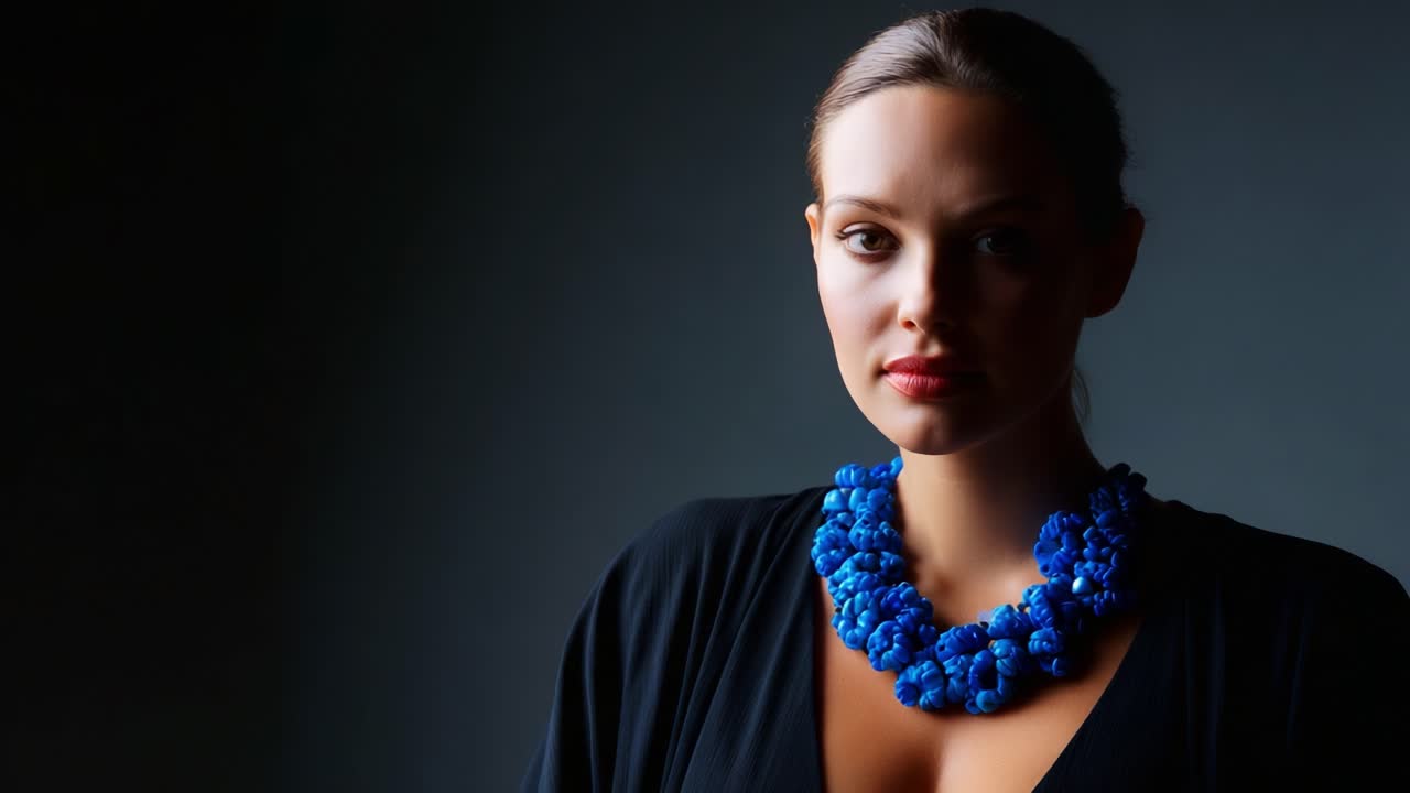 Elegant Profile Shot of a Woman Wearing a Stylish Blue Necklace Against a Dark Background, Highlighting Fashion Accessories and Beauty in Portraiture Photography