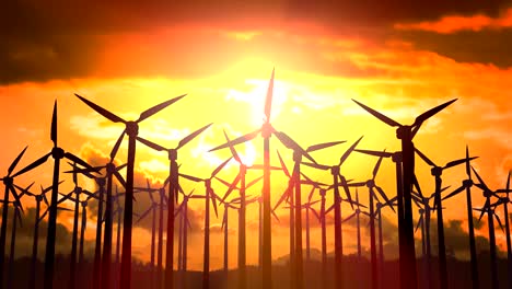 looping animation of silhouettes of wind turbines at sunset.