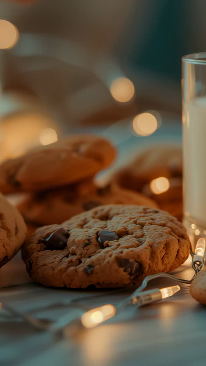 Vertical video: Fairy lights pulsing around chocolate chip cookies, glass of milk on wooden table