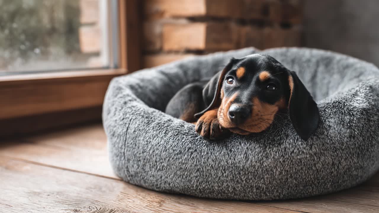 A Cozy Dachshund Relaxing Comfortably in a Plush Pet Bed, Gazing Adorably from Its Spot Near a Window on a Calm Day