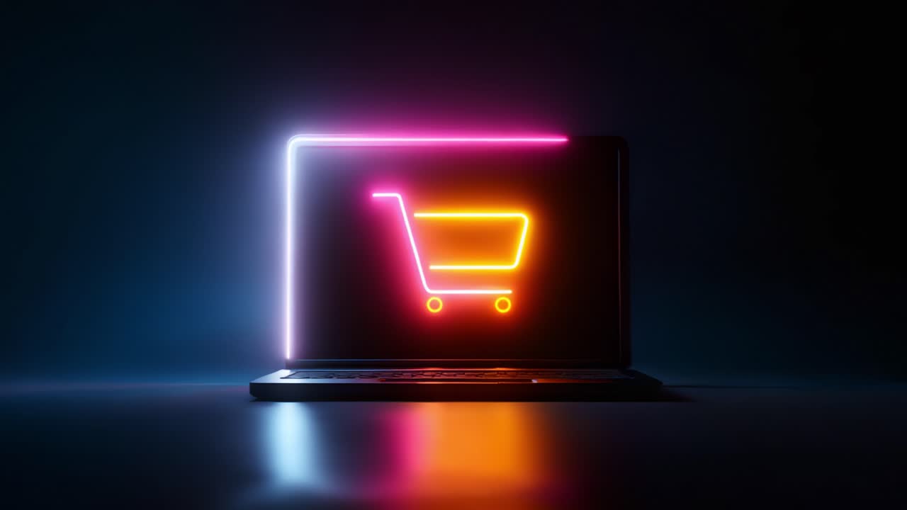 A modern digital shopping experience depicted through vibrant neon lights illuminating a sleek laptop screen featuring a glowing shopping cart icon in a visually captivating environment