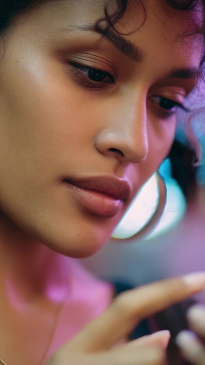 Un momento pensieroso: primo piano di una donna con capelli ricci impegnata in una connessione intima con il suo smartphone, illuminata da colori tenui e espressione.