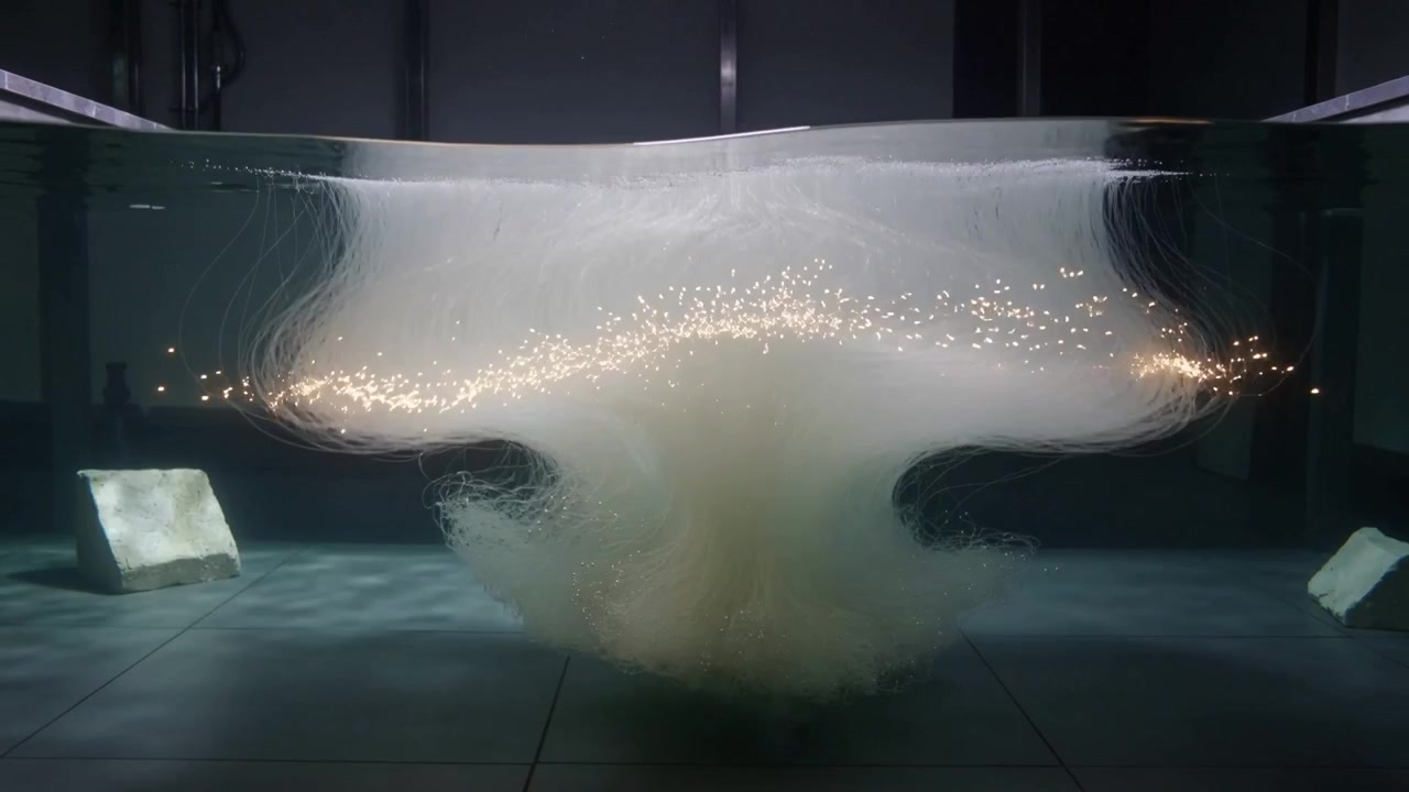 Nozzle releasing jet, plume forming foam cap inside clear tank, golden sparks spreading