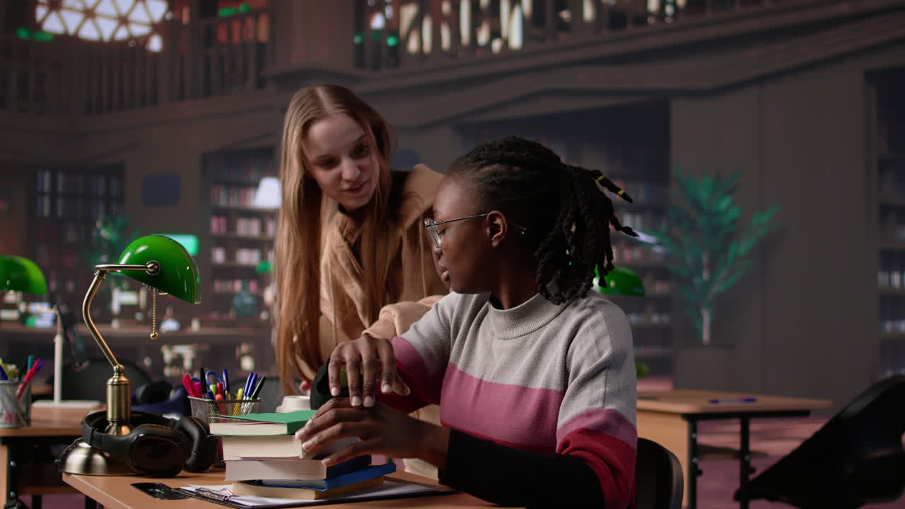 Vertical video person waking up african american girl in the university campus library