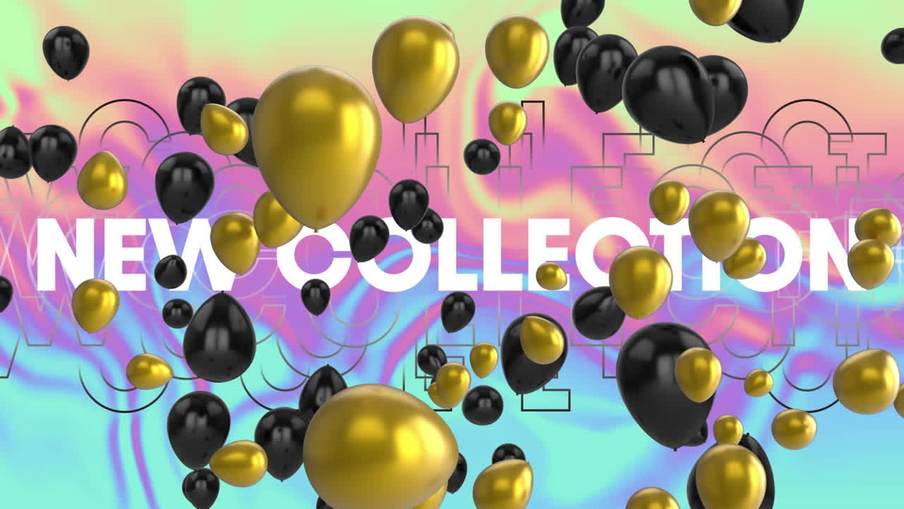 Animazione di palloncini dorati e neri su testo 'Nuova Collezione', su sfondo astratto.