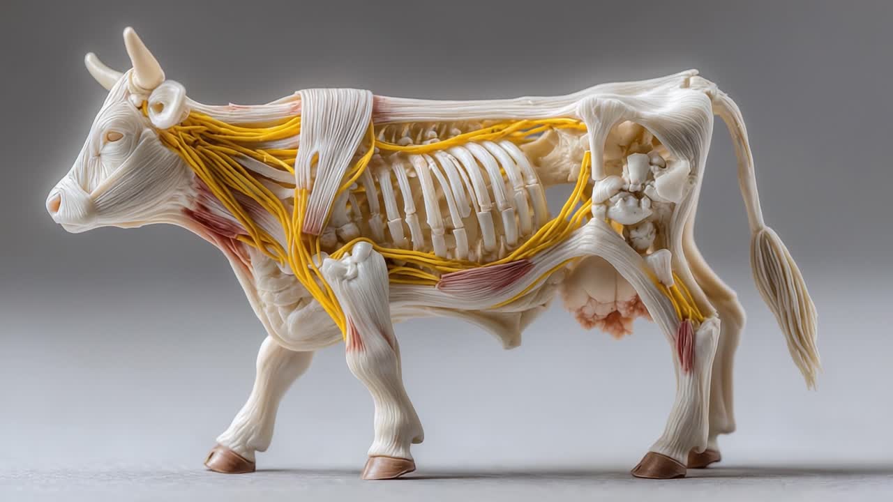 Complesso modello anatomico di una mucca che mostra i sistemi scheletrico, muscolare e nervoso per una comprensione educativa dell'anatomia animale.