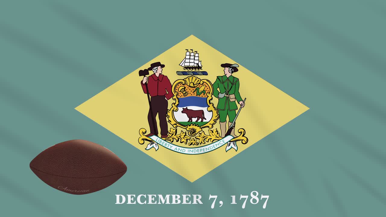 la bandera de delaware ondeando y la pelota de fútbol americano girando, bucle