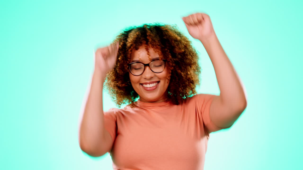 Happy, dance and excited with black woman