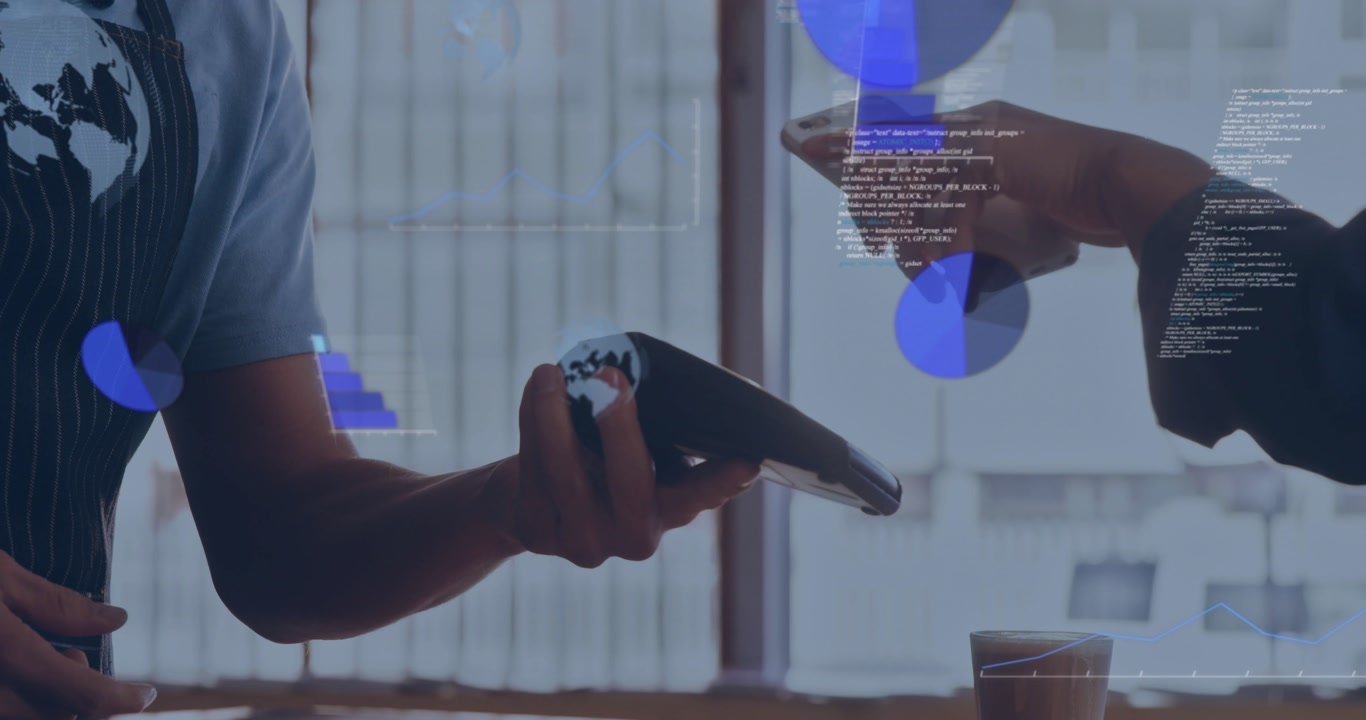 Barista holding terminal as customer aligning phone, blue overlays showing finance data