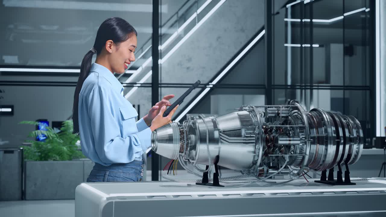 Woman examining jet engine model in modern office laboratory | Premium ...