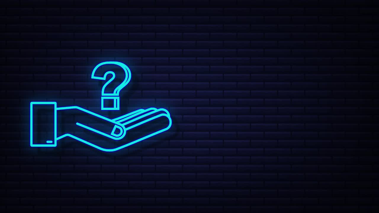 el signo de interrogación de neón en las manos para el diseño conceptual. tecnología gráfica de movimiento.