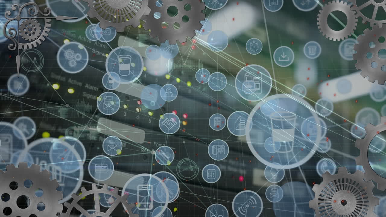 현대 오피스 빌딩의 아이콘과 함께  ⁇ 과 연결 네트워크의 애니메이션