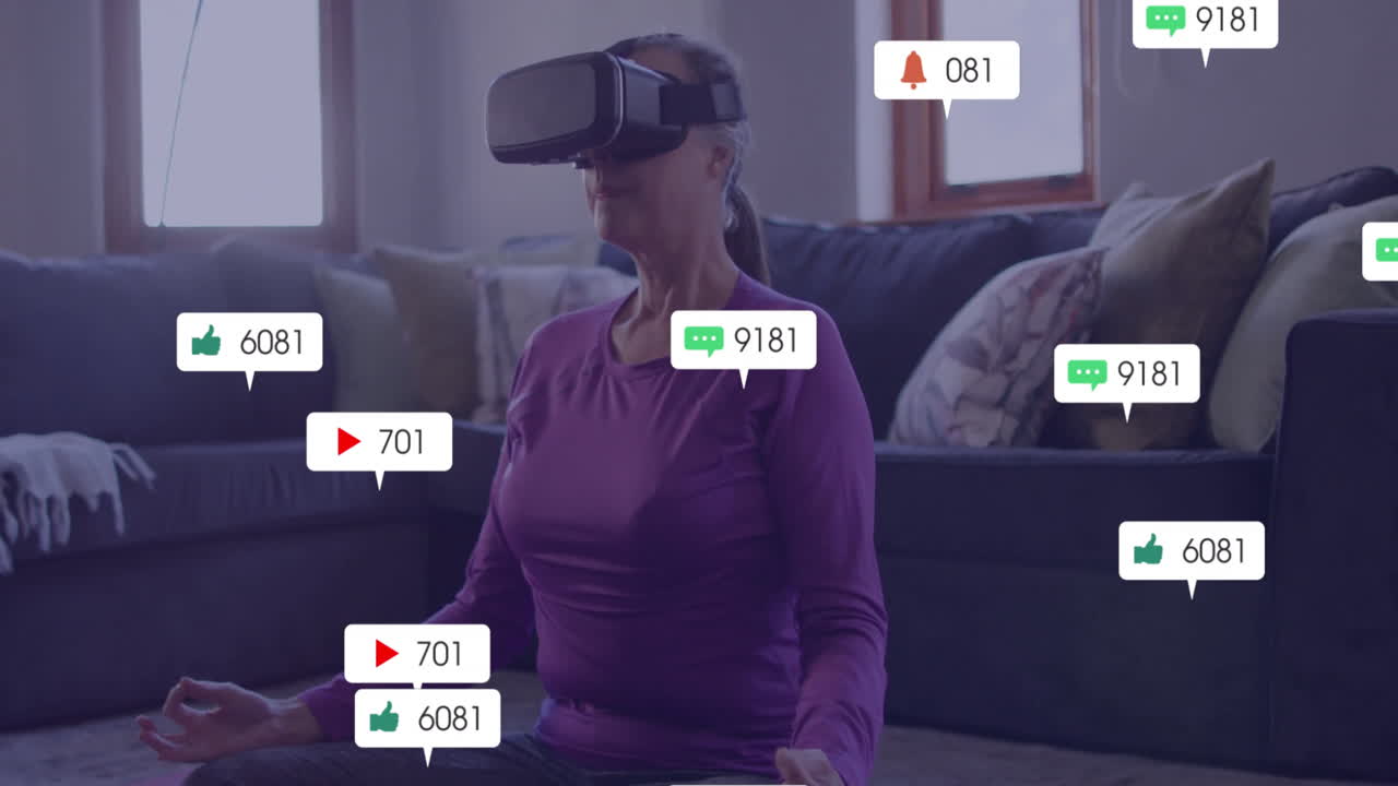 Using VR headset, elderly woman interacting with animation in virtual environment