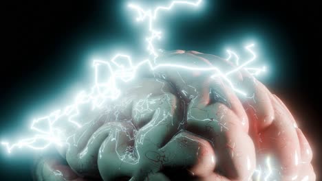 Human brain with glowing electric impulses. 3D render showing close-up view of cerebral cortex with lightning-like neural activity. Artificial intelligence and neuroscience concept.