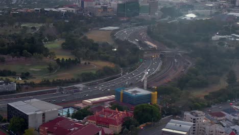 Aerial-view-of-Early-Morning-Atmosphere-around-Inner-City-Bypass,-near-Brisbane-CBD-On-Roma-Street-Neighbourhood-In-QLD,-Australia