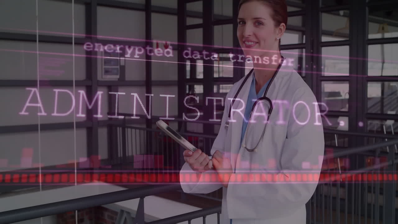woman doctor interacting with tablet in hospital corridor, displaying holographic data overlay