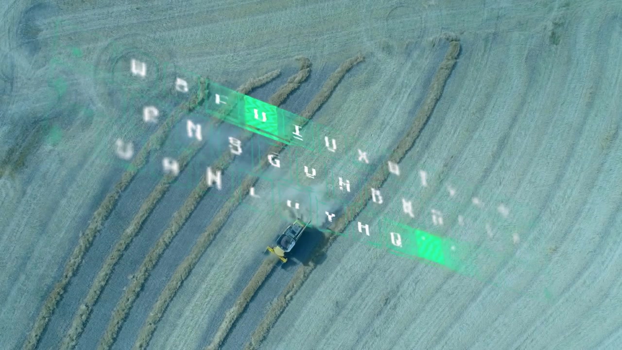 Mejetærsker kører ind på marken og høster, mens et flydende dataoverlay scanner rækker til analyse.