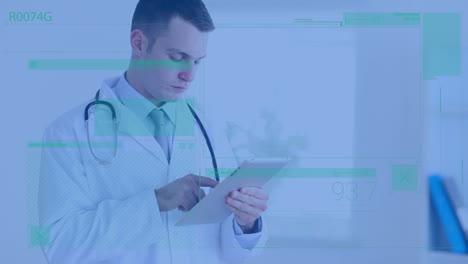 animation of loading bar, numbers, abstract pattern over caucasian doctor using digital tablet