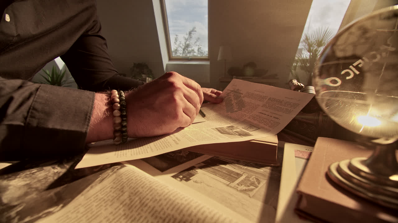 Man Reading Historical Documents at a Desk