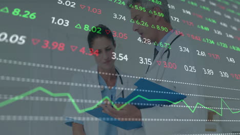 in school, doctors reviewing patient charts with animation of stock market data