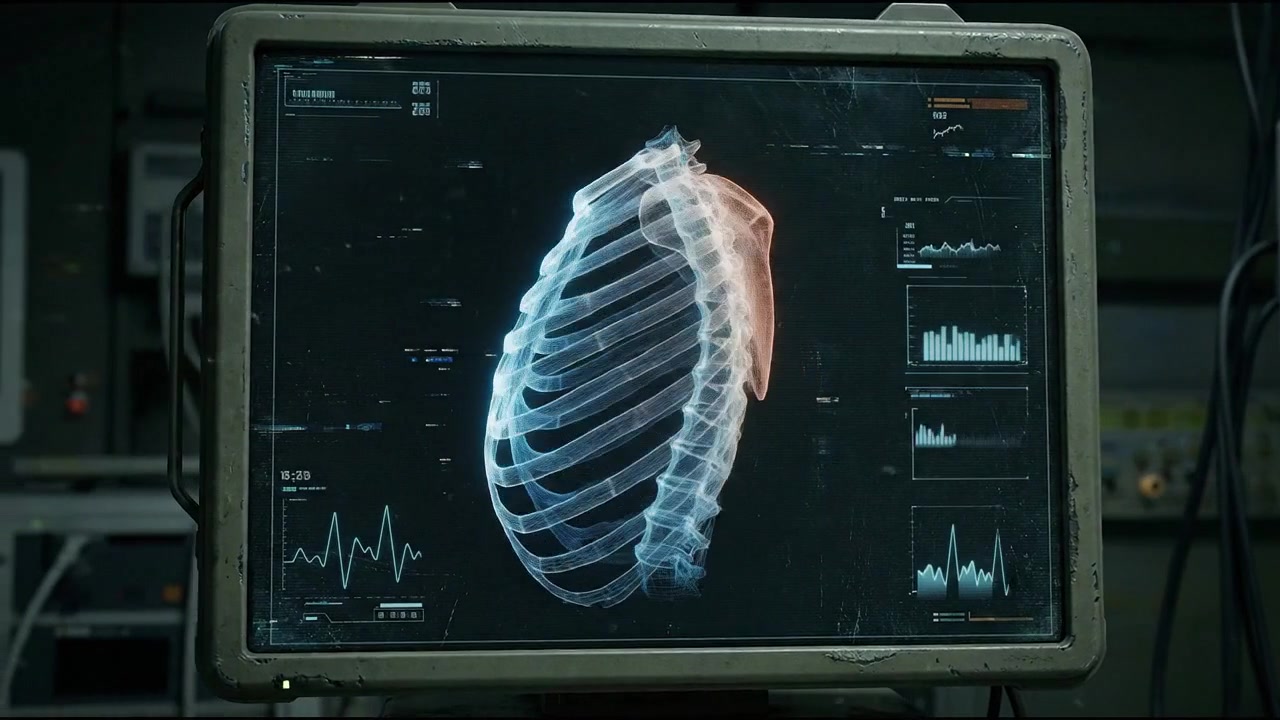 Front rib cage skeleton glowing blue against dark diagnostic background