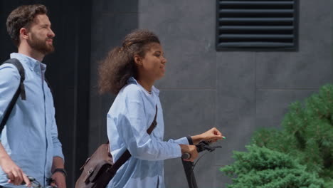 office managers commuting to work with eco-friendly vehicles. corporate people