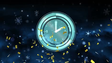 Animation-of-clock-with-gold-confetti-and-snowflakes-falling-on-black-background