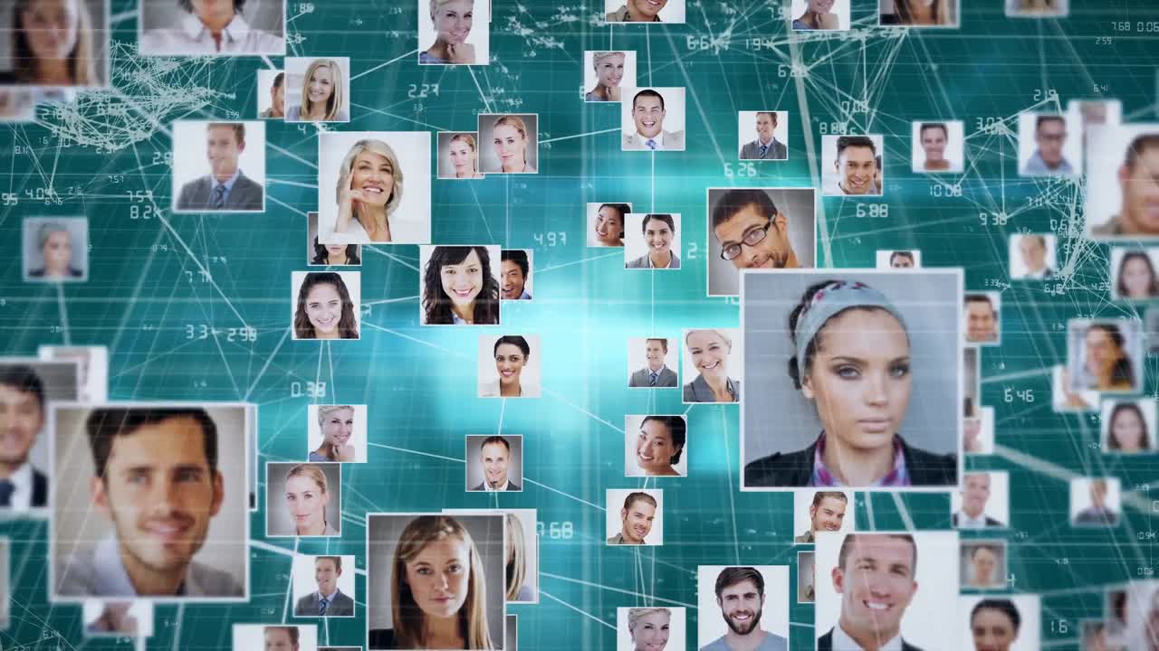 цифровая анимация сети из нескольких иконок профиля на зеленом фоне