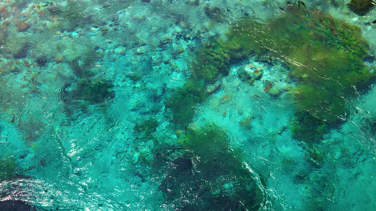 Close up of Albania’s Blue Eye river spring with turquoise clear water bubbling from the source