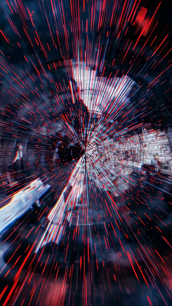 Vertical video: Starting playback, vortex core expanding in room, stretching red blue streaks ahead