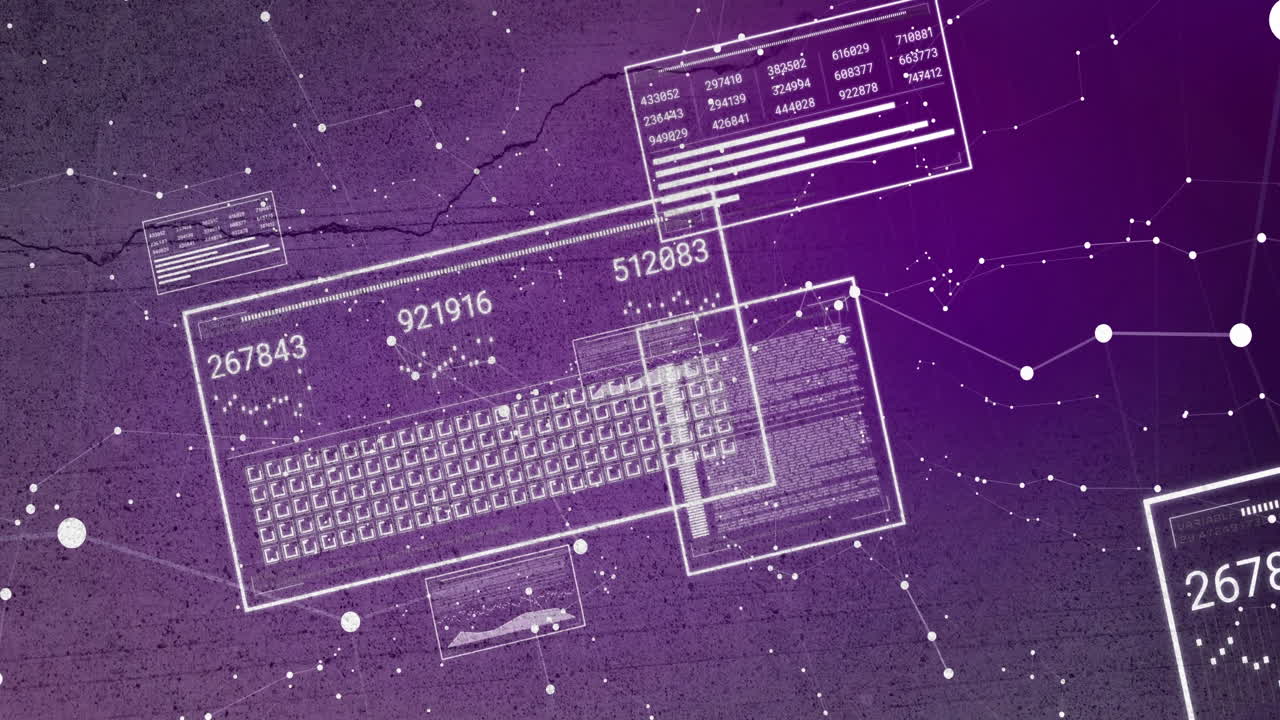 animación de procesamiento de datos digitales sobre un fondo púrpura abstracto con números y gráficos