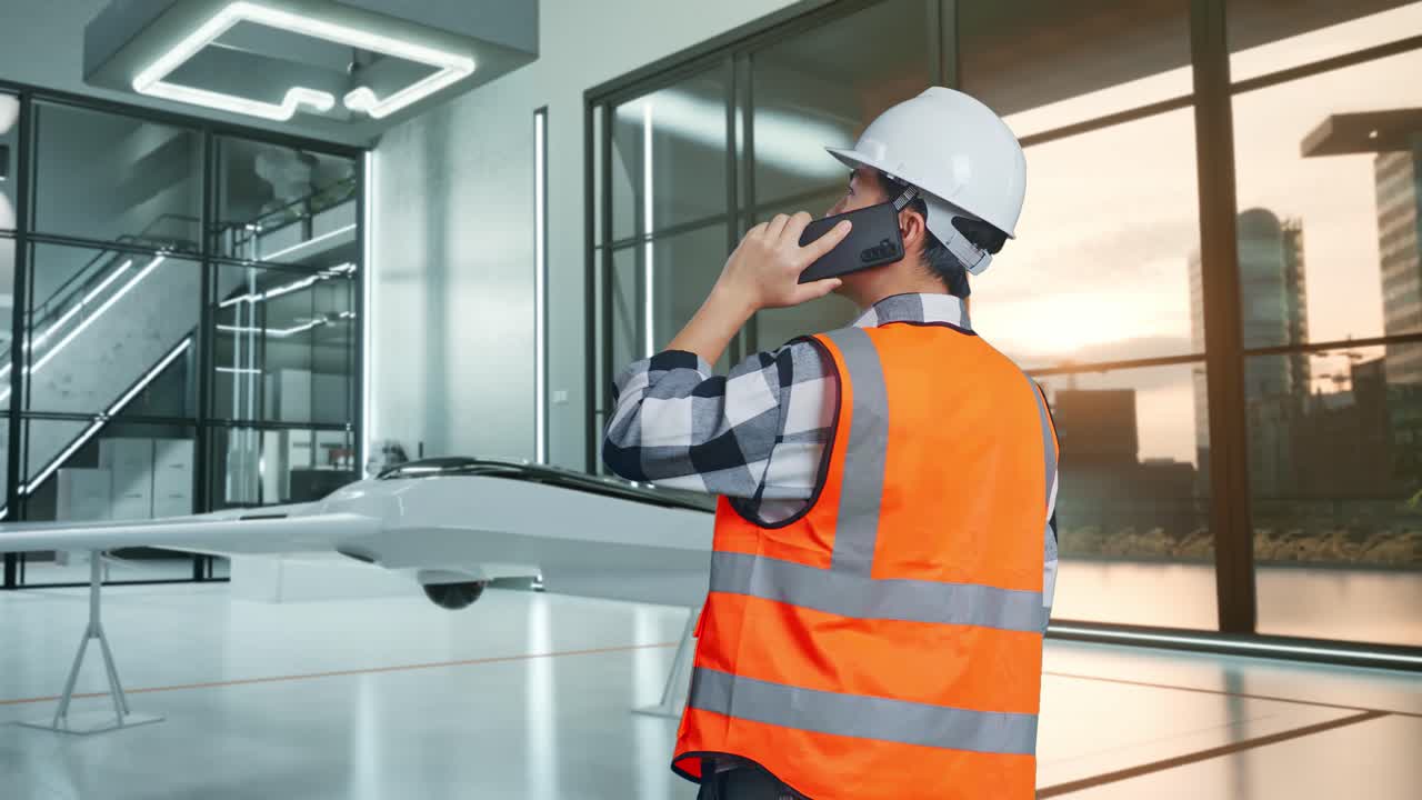 Ingegnere che parla al telefono in un ufficio moderno con un drone