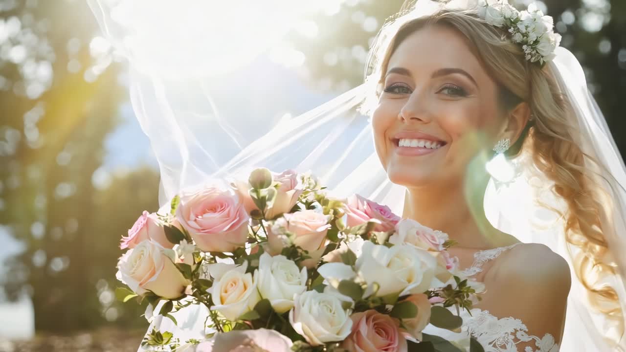 A bride smiling with a bouquet, captured in a close-up, low-angle shot