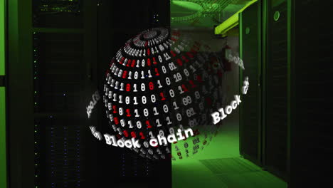 animazione del globo con codifica binaria e elaborazione di dati digitali su server informatici