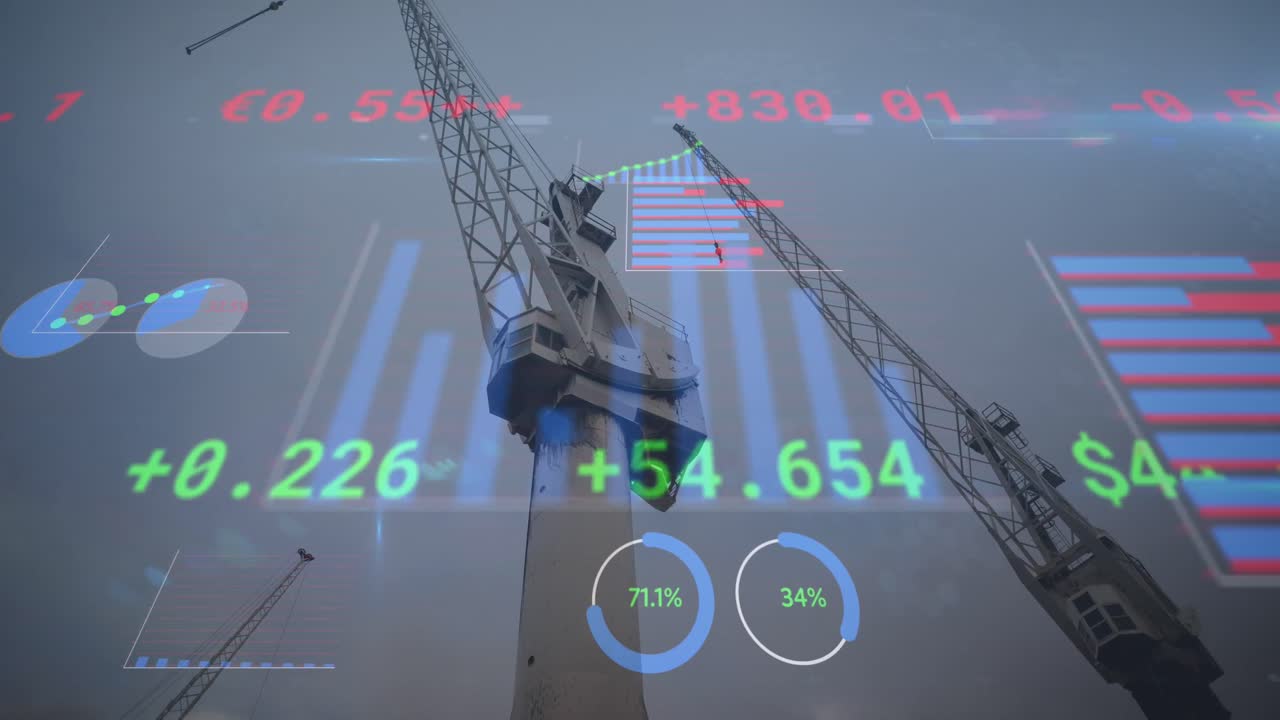 조선소에서 크레인을 통해 금융 데이터 처리의 애니메이션