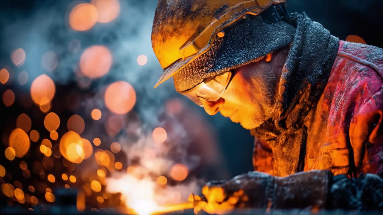 A Dedicated Worker Engaged in Metal Fabrication Amidst Snowfall, Surrounded by Sparkling Embers and Mist, Demonstrating Resilience in Harsh Conditions