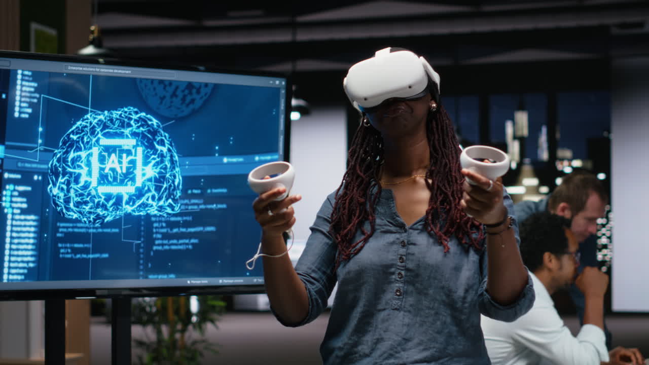 African American Woman Using VR Headset and Controllers in Modern Office