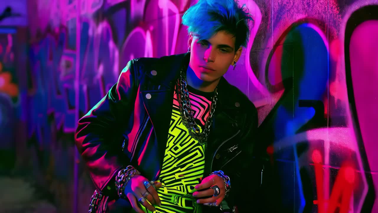 Ritratto in stile punk alla moda su sfondo di graffiti al neon