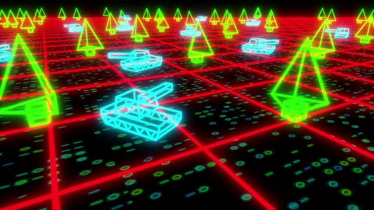 Retro 80s game tanks VHS tape video war battle vector arcade tron wireframe 4k