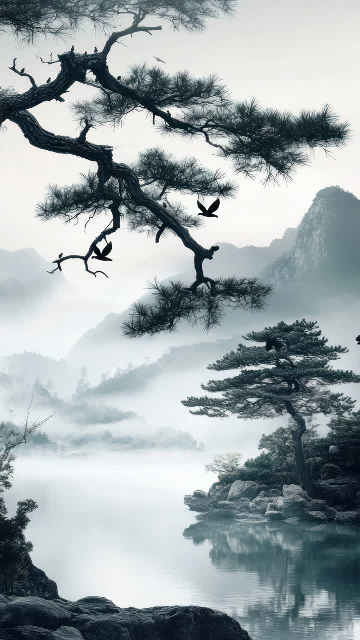 Serene landscape video with a high-angle view of misty mountains and a tranquil lake, framed by pine