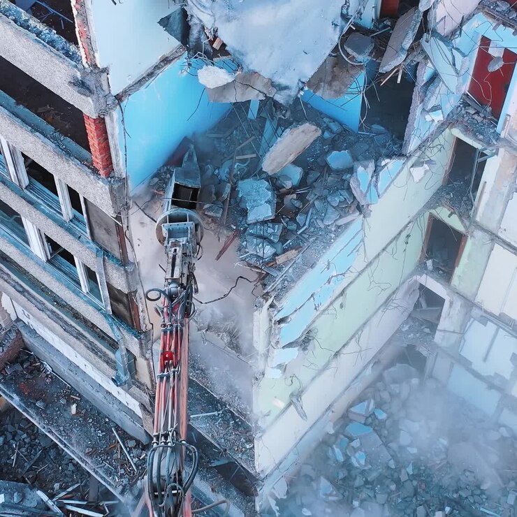 La rimozione dei resti di case dopo un terremoto. Smantellamento di strutture crollate. Vista dall'alto del lavoro dell'escavatore con i resti di edifici in rovina.