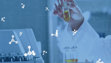 Animation-of-molecules-and-mathematical-equations-over-caucasian-scientist-holding-vials-in-lab