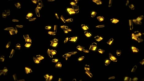 flying many golden padlocks on black background. security or secret protection concept. 3d animation of padlocks rotating. loop animation.