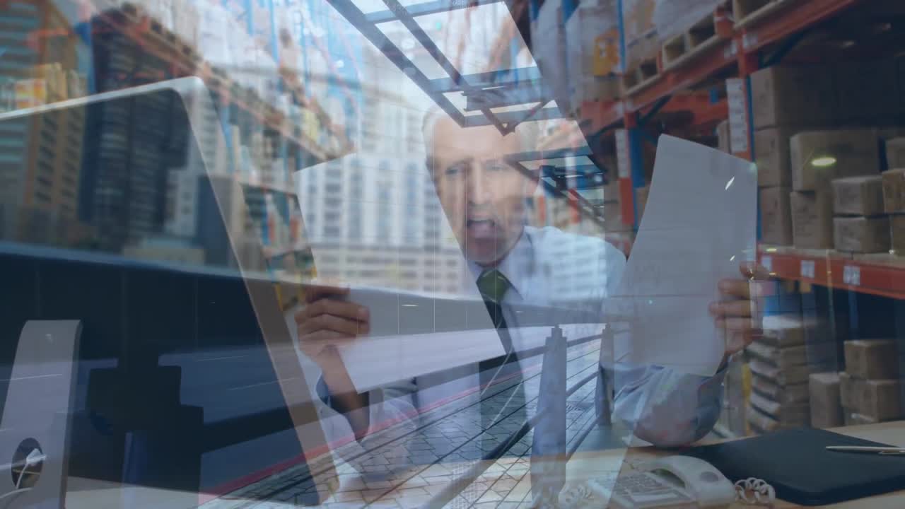 Animazione di elaborazione dati finanziari su persone che lavorano in un magazzino.