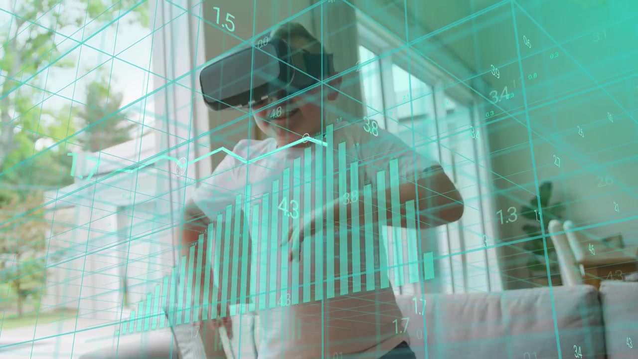 Criança com Headset VR Iniciando Demonstração de Tecnologia com HUD Virtual Aparecendo, Animando Gráficos e Alcançando