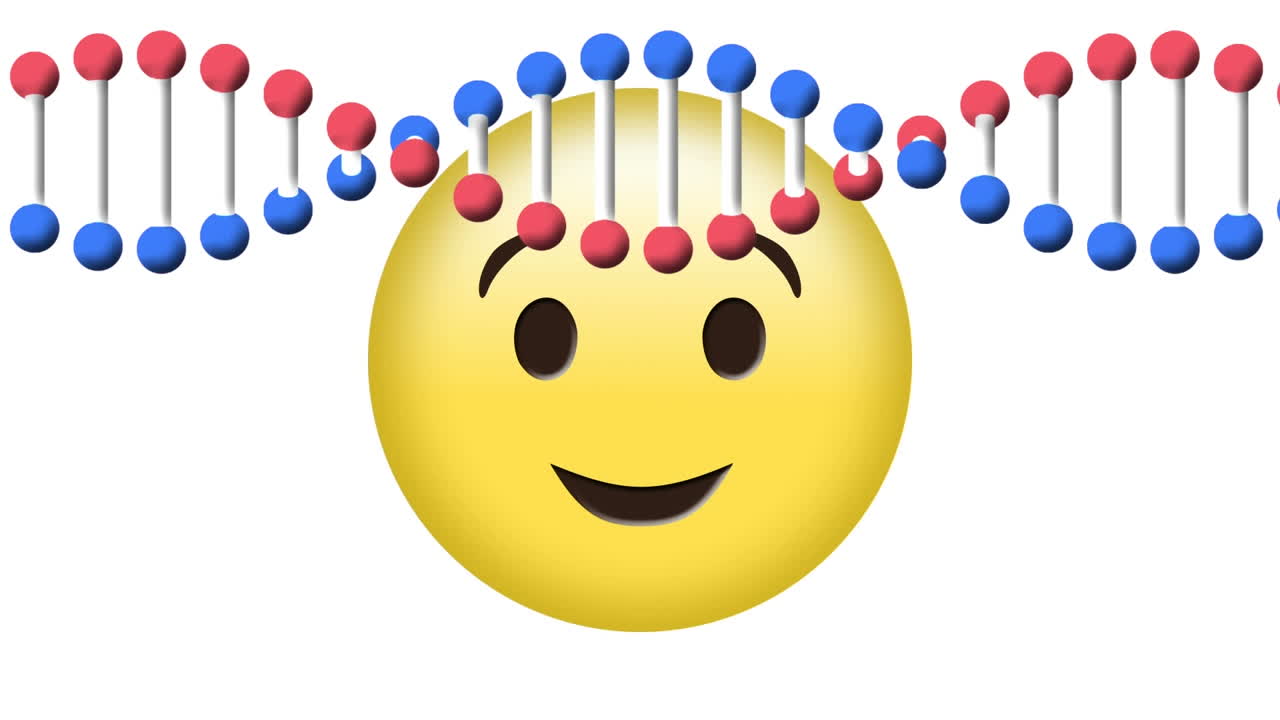 Animation of dna strand rotating over winking emoji, on white background