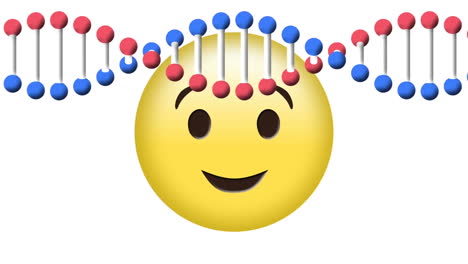 animación de una cadena de adn que gira sobre un emoji que parpadea, sobre un fondo blanco