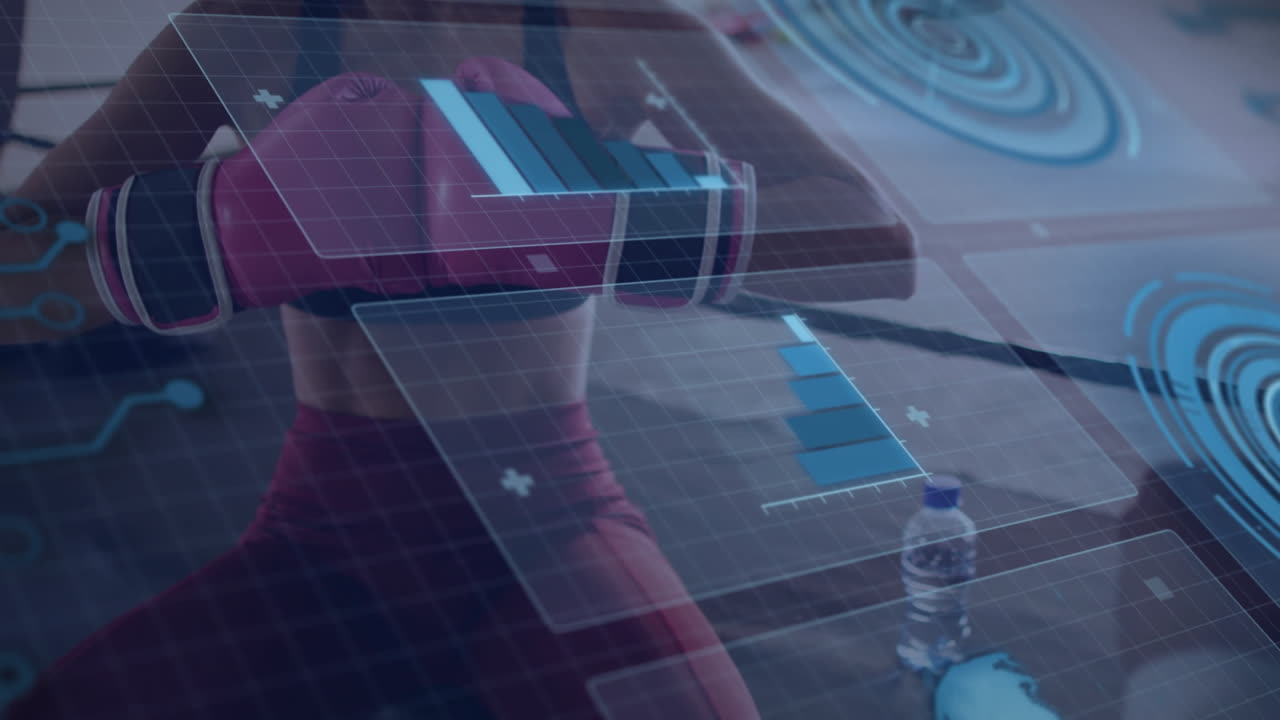 Training with animation overlay, boxer analyzing performance metrics in gym